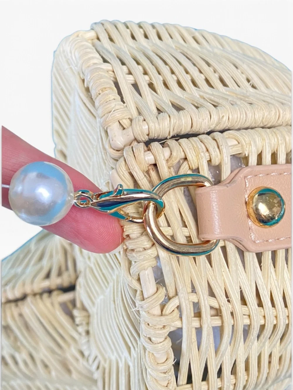 Haute Hippie Wicker Clam Shell Pearl Handle Clutch Bag